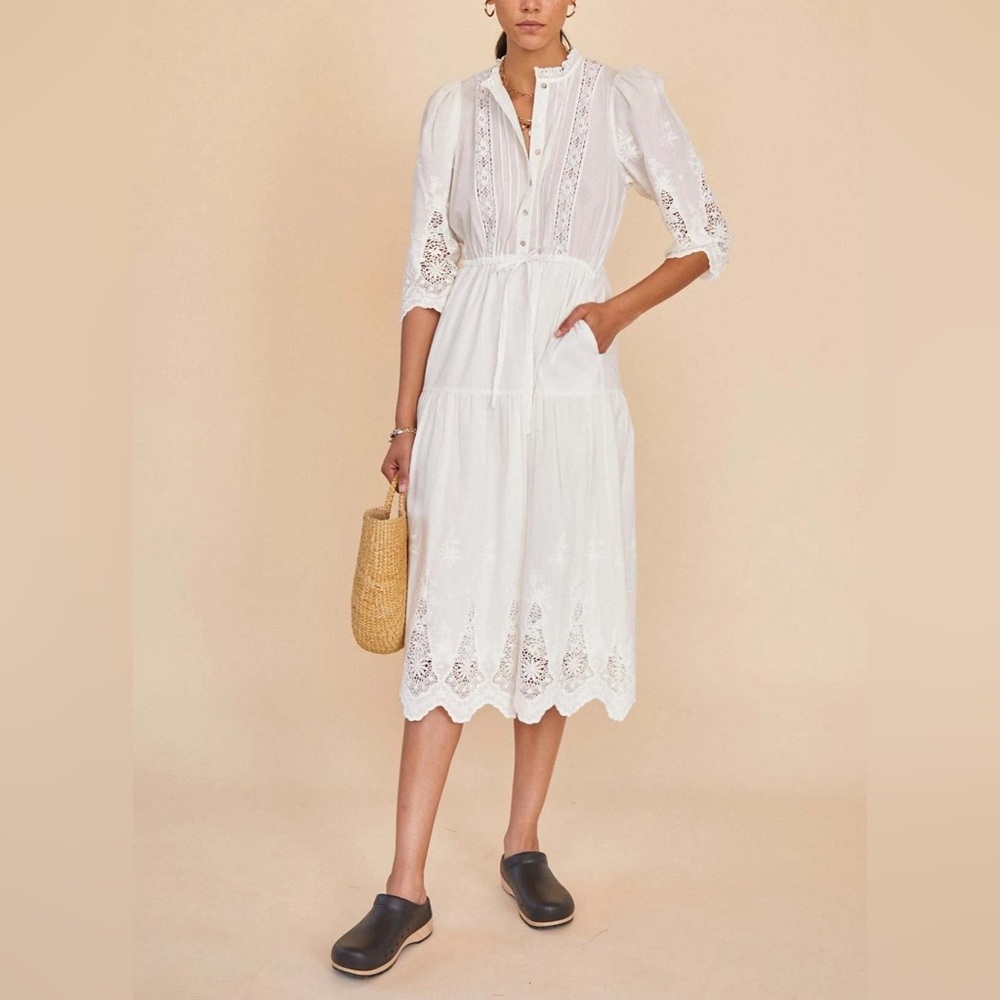 Hunter Bell Benedict White Eyelet Midi Dress with Lace Trim